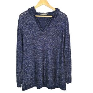 Soft Surroundings Navy Blue‎ Shimmer Sequin Hoodie Pullover Sweater Women Large